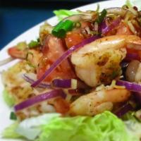 ** Grilled Shrimp Salad · Hot. Grilled shrimp with red onion, tomato, and lime leaves mixed with Thai chili paste and ...