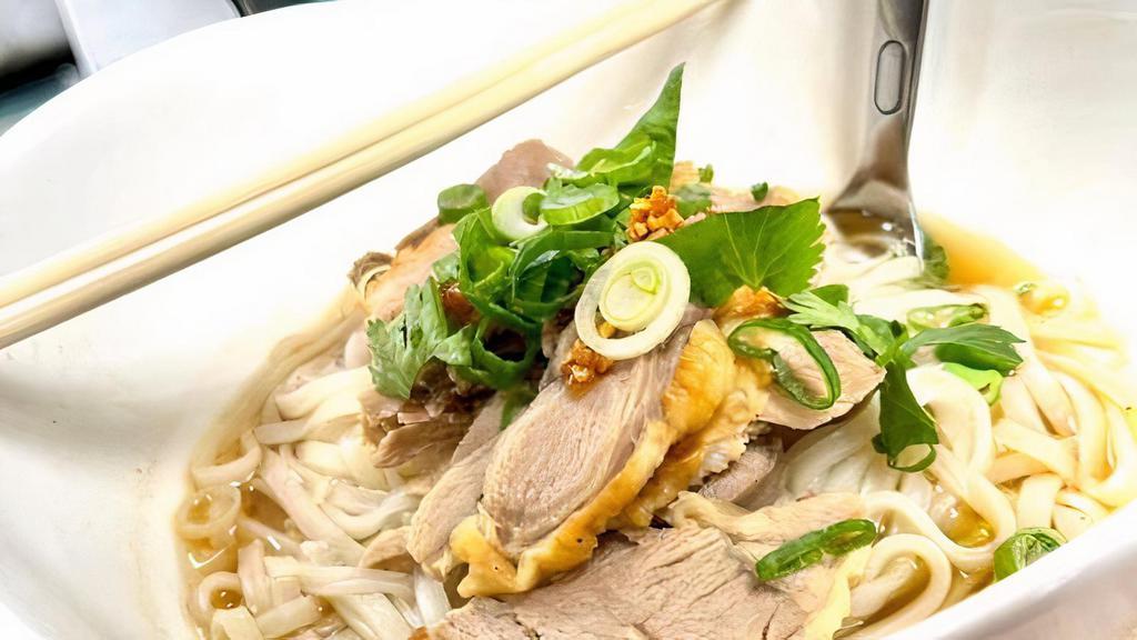 Little Duck Noodle Soup · Thai duck noodle soup with bean sprout topped with cilantro and scallion.