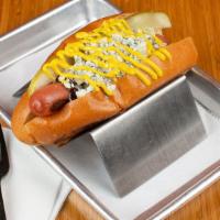 C. Dog · Signature dog topped with BBQ sauce, blue cheese crumbles, pickle, chopped onion, and yellow...