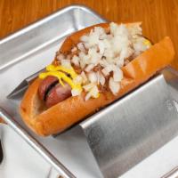 Half Smoke · Pork & Beef split sausage, grilled with homemade chili, yellow mustard, and chopped onions.