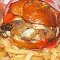 Cowboy · 8 oz patty with roasted pepper, portabella mushroom, sauteed onion, beef bacon, Swiss cheese...