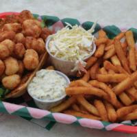 Fried Scallops With French Fries · Delicious fried scallops served with garlic sauce and house salad.