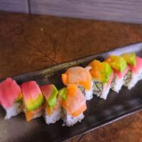 Rainbow Roll · California roll topped with avocado and assorted fish.