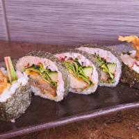 Spider Roll · Fried soft shell crab with cucumber, tobbiko, spring mix, & spicy mayo.