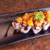 Lava Roll · Eel cucumber topped with hot & spicy scallop.