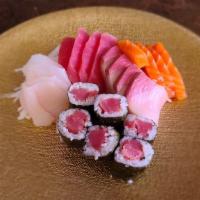 Sashimi Deluxe · 16 pieces of Chef's choice assorted sashimi with a tekka roll.