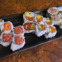 Maki Trio · 1 spicy tuna roll, 1 salmon & avocado roll, 1 yellowtail & scallion roll.