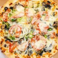 Veggie Pizza · Mushrooms, onions, peppers, olives, broccoli, fresh tomatoes, sauce, and mozzarella cheese.
