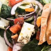 Greek Salad · Tomato, cucumber, crispy lettuce, onion, kalamata olives with pits, bell pepper, authentic G...