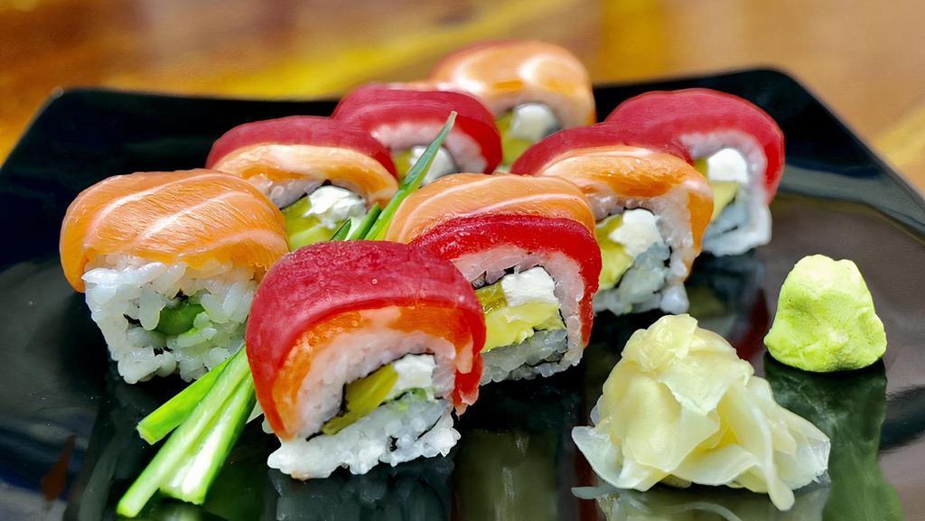 Frenchkiss Maki · Cream cheese, avocado, mango and topped with tuna and salmon. Served with miso soup.