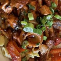 Voodoo Pasta · Chicken, chourico, beef brisket, onions, peppers, smoky red sauce over penne. May be served ...