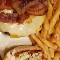 3 Cheese Bacon Burger · Topped with mayo, thousand island dressing, swiss, cheddar, pepper jack cheese, and bacon st...