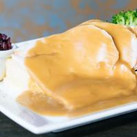 Hot Roasted Turkey Plate · House-roasted turkey, mashed potatoes, broccoli, cranberry compote, turkey gravy.