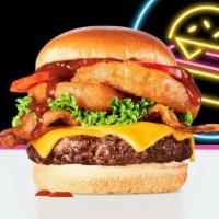 Bbq Burger · Charbroiled burger, BBQ sauce, cheddar cheese, bacon, onion rings, lettuce & tomato