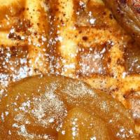 Cinnamon Apple Waffle · Belgian waffle topped with our homemade apple pie filling. Paired with chicken sausage