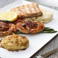Mixed Seafood Grill (Grilled) · Comes with grilled salmon, jumbo shrimp, crab cake and scallops, served with two side dishes...