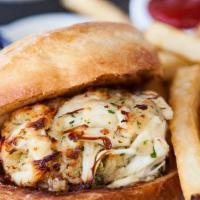 Crab Cake Sandwich · Made with real jumbo lump crab meat on a toasted brioche bun.
