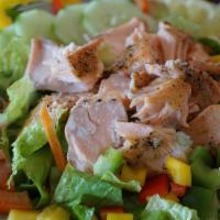 Grilled Salmon & Shrimp Salad · Fresh and healthy garden salad, comes with dressing on the side. Served with grilled salmon ...