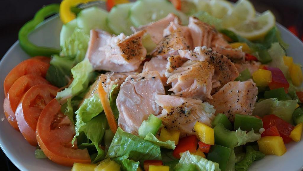 Grilled Salmon & Shrimp Salad · Fresh and healthy garden salad, comes with dressing on the side. Served with grilled salmon and grilled jumbo shrimp on the side.