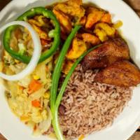 Curried Shrimp · Served with rice & peas and veggies.