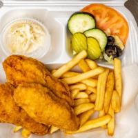 Chicken Fingers · Served with honey mustard or BBQ sauce.
