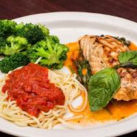 Grilled Salmon · Capers & lemon sauce served with pasta & vegetable.
