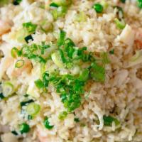 Seafood Fried Rice (G) · Shrimp, scallop, squid, scallions, peas, zucchini, egg whites, asparagus and onions
