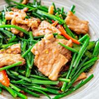 Salt Fried Pork Belly With Chives And Peppers (G) · Spicy pork belly, chives, and ginger