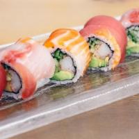 Rainbow Maki * · Kanikama, cucumber, and avocado, topped with an assortment of thinly sliced sashimi