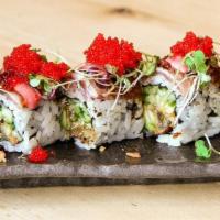 The Red Sox Roll * · Unagi, avocado, and cucumber, topped with torched tuna, red tobiko, and bacon bits