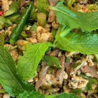 Larb Gai Salad · Minced chicken, lemongrass, galangal,lime juice,fresh chili, scallion, cilantro, mint.