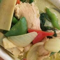 Green Curry (Gluten-Free) · Bell peppers, carrots, potatoes,bamboo shoots, string beans,lemongrass,galangal,basil, kaffi...