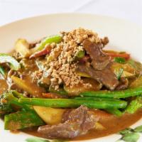Curry Beef · Sliced beef sirloin sautéed with garlic, curry, onions, summer, squash, zucchini, green bean...