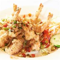 Salted Fried Shrimp · A traditional preparation of fresh shrimp, cooked in the shell and served on a bed of lettuc...