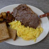Steak & Eggs · CAB NY strip, two eggs, home fries, and toast.