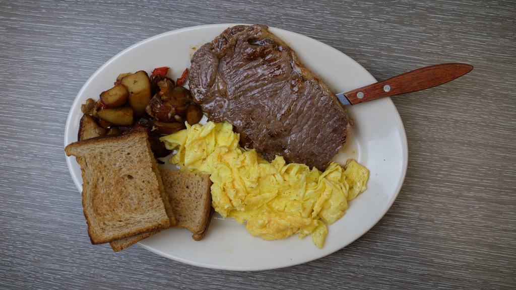 Steak & Eggs · CAB NY strip, two eggs, home fries, and toast.