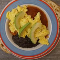 Breakfast Bowl · Scrambled eggs, refried beans, rice, salsa, and avocado with a side of pepper jack tortillas.