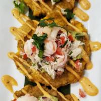 Crab And Shrimp Salpicon · Twice fried green plantains, avocado, chipotle aioli, shrimp, & crab meat