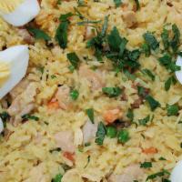 Arroz Con Pollo Hp · Chicken breast & thighs, saffron rice, chorizo(pork), peppers, onions, olives, peas, carrots...