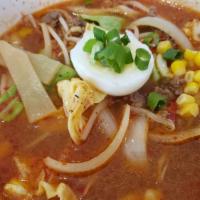 Spicy Miso Ramen (Contains Shrimp) · Combined seasoned pork and beef, cabbage, Carrots, onions, bean sprouts, nira, bamboo shoot,...