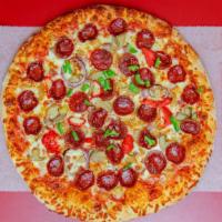 The Meal Buster Pizza · Green Pepper, Red Onion, Pepperoni, Sausage, Mozzarella Cheese.