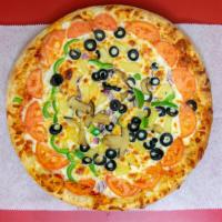 Veggie Pizza · Tomato, Onion, Green Pepper, Mushroom, Black Olives, Mozzarella Cheese.
