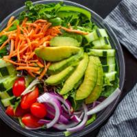 Garden Salad · Mixed green Lettuce with red onions, sliced carrots, cucumbers, cherry tomatoes and green pe...