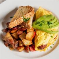Omelet · Red bliss home fried potatoes, multigrain toast, your choice of three fillings.