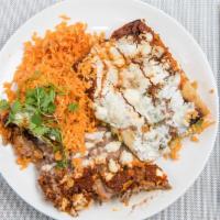 Enchiladas · |Gluten Free, Nut Free| pasture raised chicken, choice of red or green sauce, Mexican rice, ...