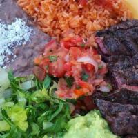 Carne Asada Plato · |Gluten Free, Nut Free| grilled 100% grass-fed skirt steak, guacamole, pico de gallo, Mexica...