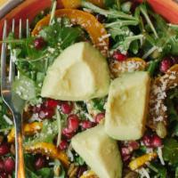 Arugula Salad · |Gluten Free, Gluten Free, Nut Free, Vegetarian|  delicate squash, pomegranate, avocado, pep...