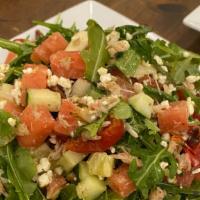 Watermelon & Crab · baby arugula, diced cucumber, roasted cherry tomato, palm hearts, onions, goat cheese,, mint...