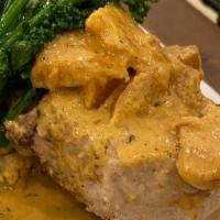 Pan Seared Pork Chop · 14 oz pan seared french cut pork chop, garlic mashed potato, apple sour cream mustard sauce,...