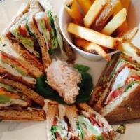 Turkey Deluxe Club Sandwich · Turkey, lettuce, tomatoes, mayo, bacon & pickles